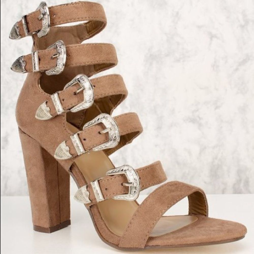 Designer inspired taupe multi ankle buckle bootie